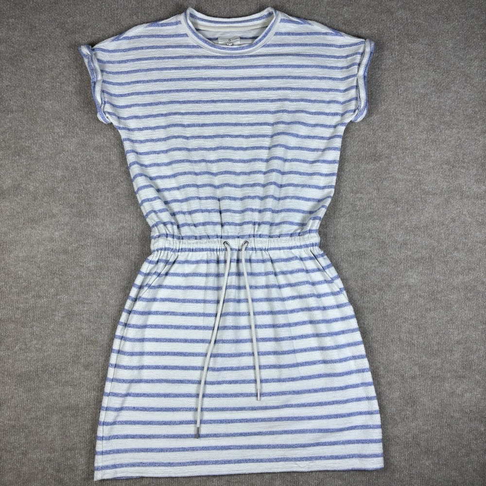 Lou & Grey Striped Terry Cloth Dress XS White Blue Cinch Waist Casual Mini